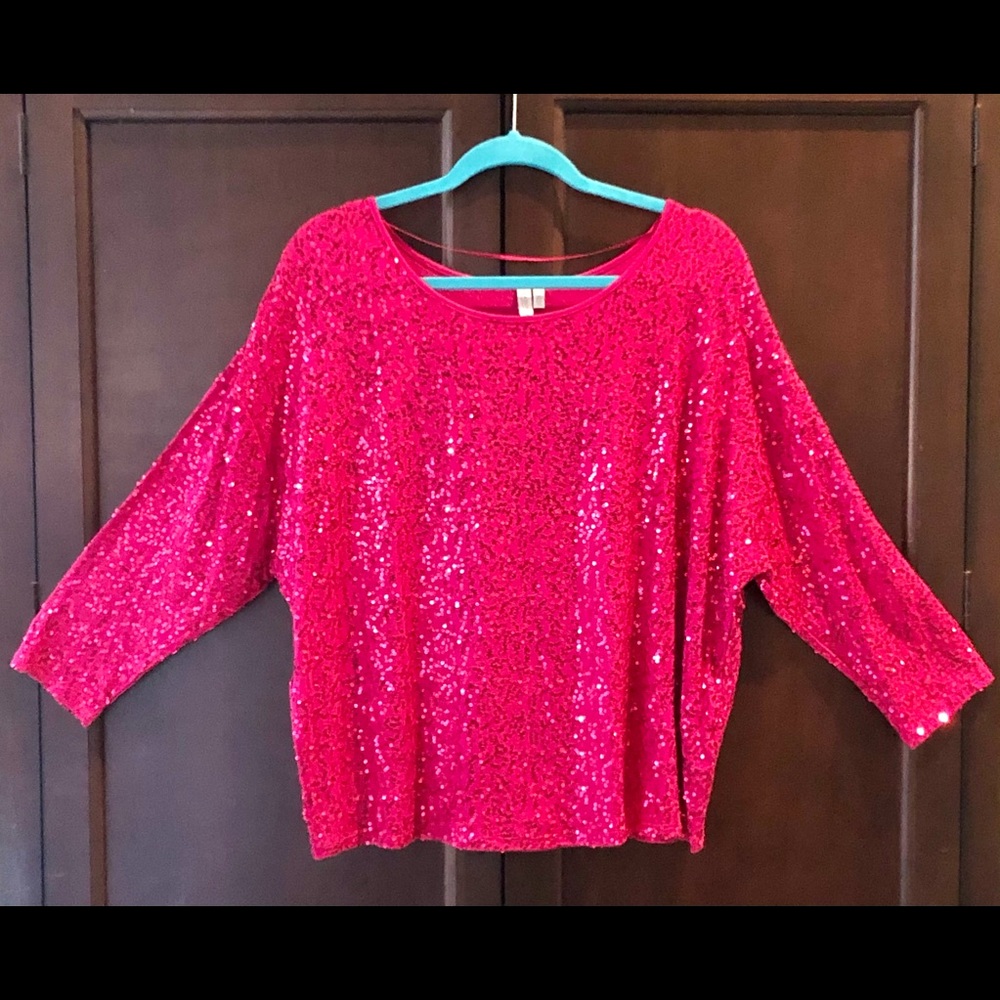 Madison Hot Pink/Fuchsia Sequin top w 3/4 Sleeve
